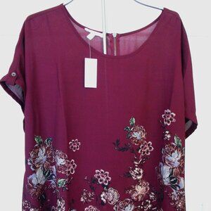 New Maurices XL Burgundy Floral Top Tab Short Sleeve Back Zipper Popover Blouse